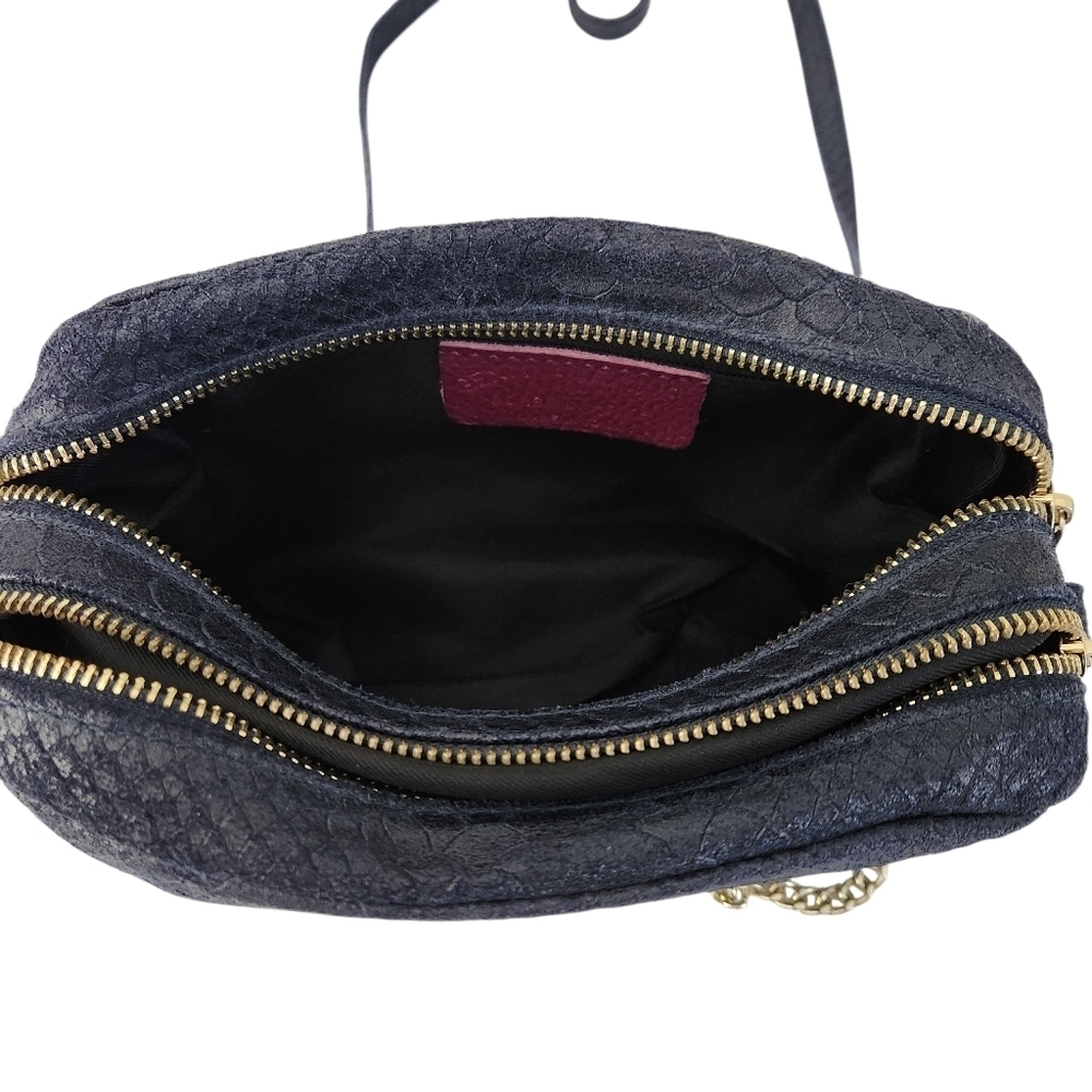 Dark Navy Genuine Leather Crossbody Bag – Python Texture Double-Zip - Picture 8 of 14